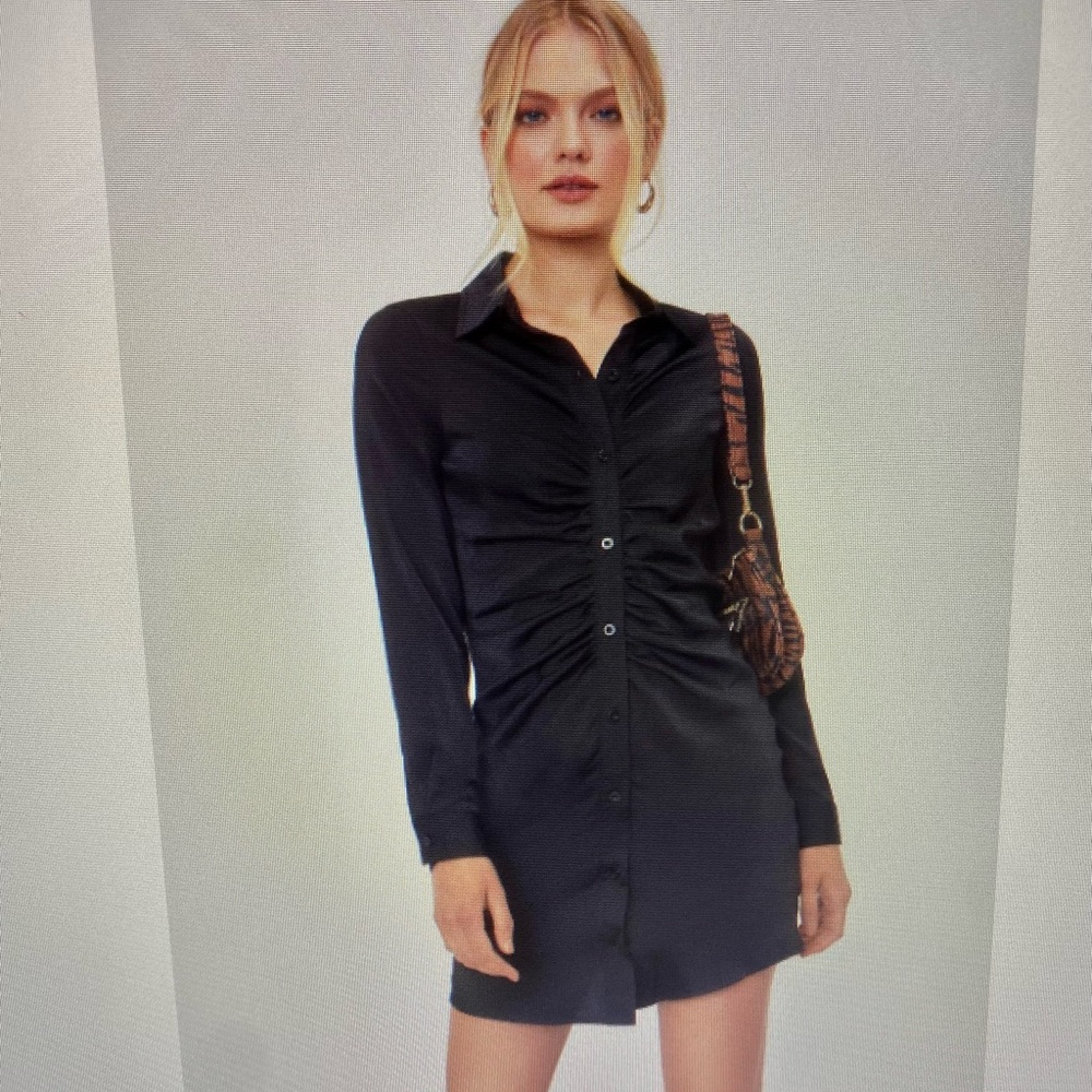 Satin Ruched Front Shirt Mini Dress